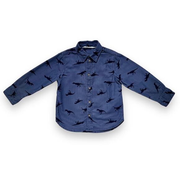H&M Boys Corduroy Button Down Shirt 2-3Y Blue Dinosaur Print Long Sleeve Casual - Picture 2 of 7